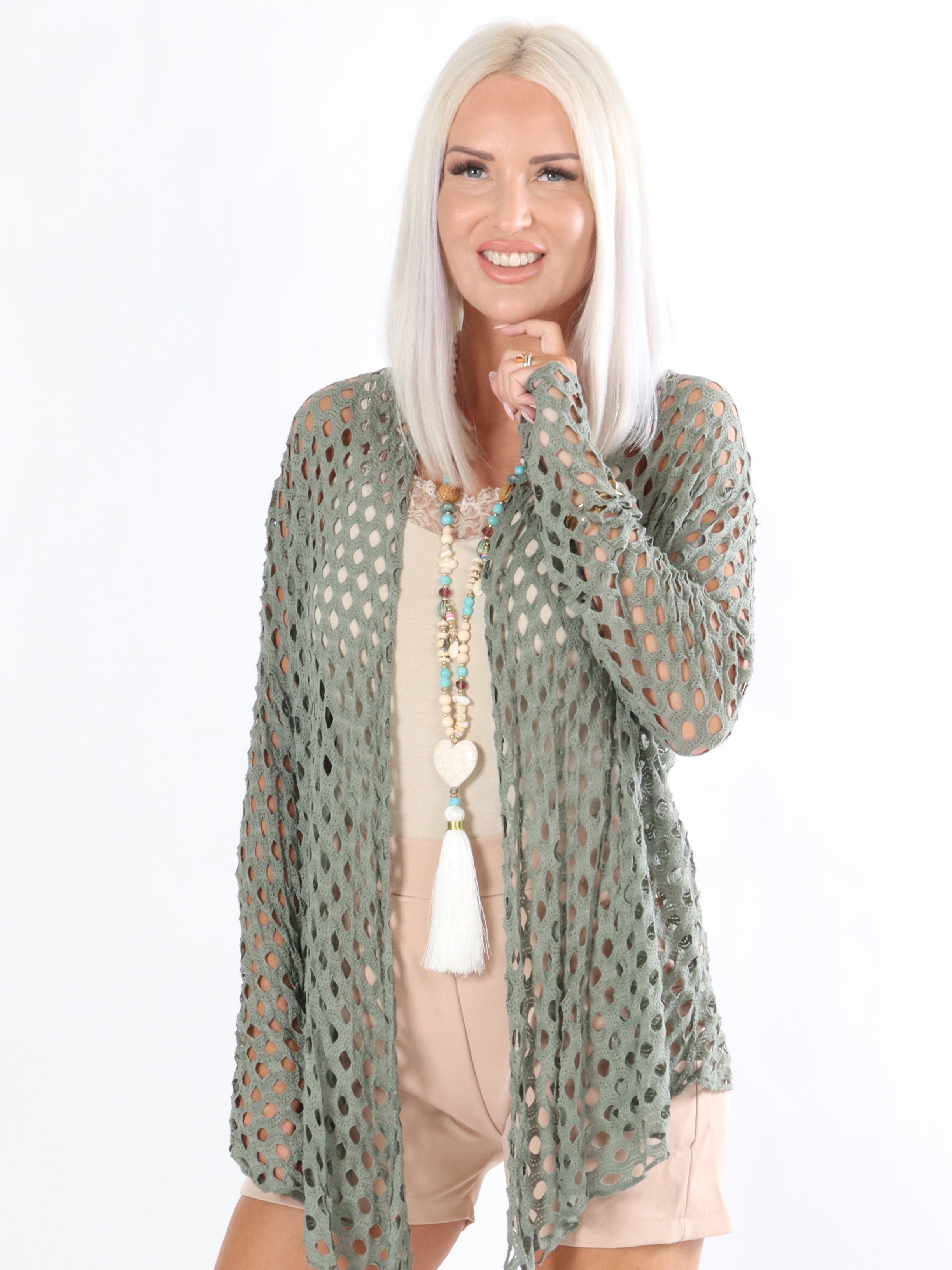 Flora - Armygrøn cardigan med huller